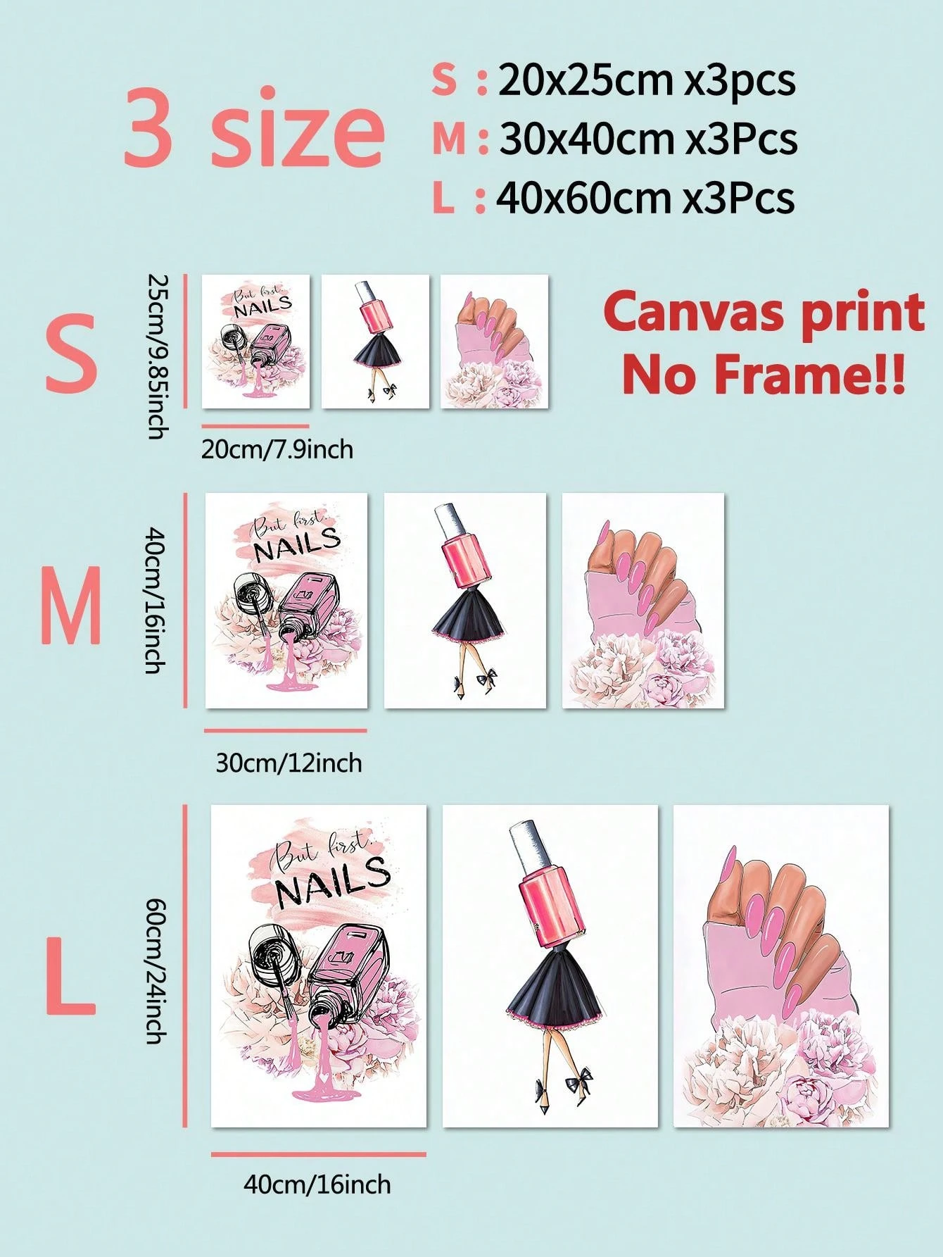 3 Pcs Nail Beauty Canvas Wall Art Poster And Prints Fashion Girl Pink