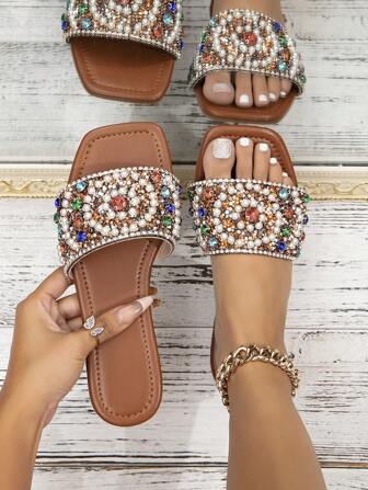 女士钻石珍珠平底凉鞋，舒适贴合，防滑，大码设计，完美的女士休闲拖鞋