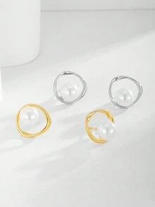 1pair Geometric Triangle Faux Pearl & Pure Silver Stud Earrings With Round Corner For Daily Wear - Silver - View 1