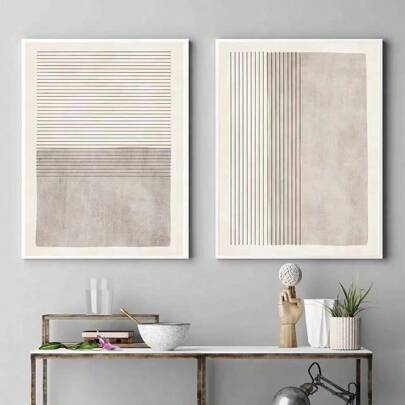 2pcs Abstract Beige And Grey Line Art Canvas Paintings, Wall Art Home Decor, Can Be Framed