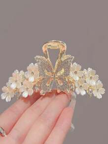 風豪華蝴蝶流蘇髮夾，適用於女士半扎髮，髮花髮飾 - 米色 - 查看 1