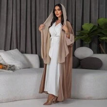 1pc Ice Silk & Chiffon Splicing Women's Cape Style Robe, Suitable For Daily Wear - Apricot - View 3