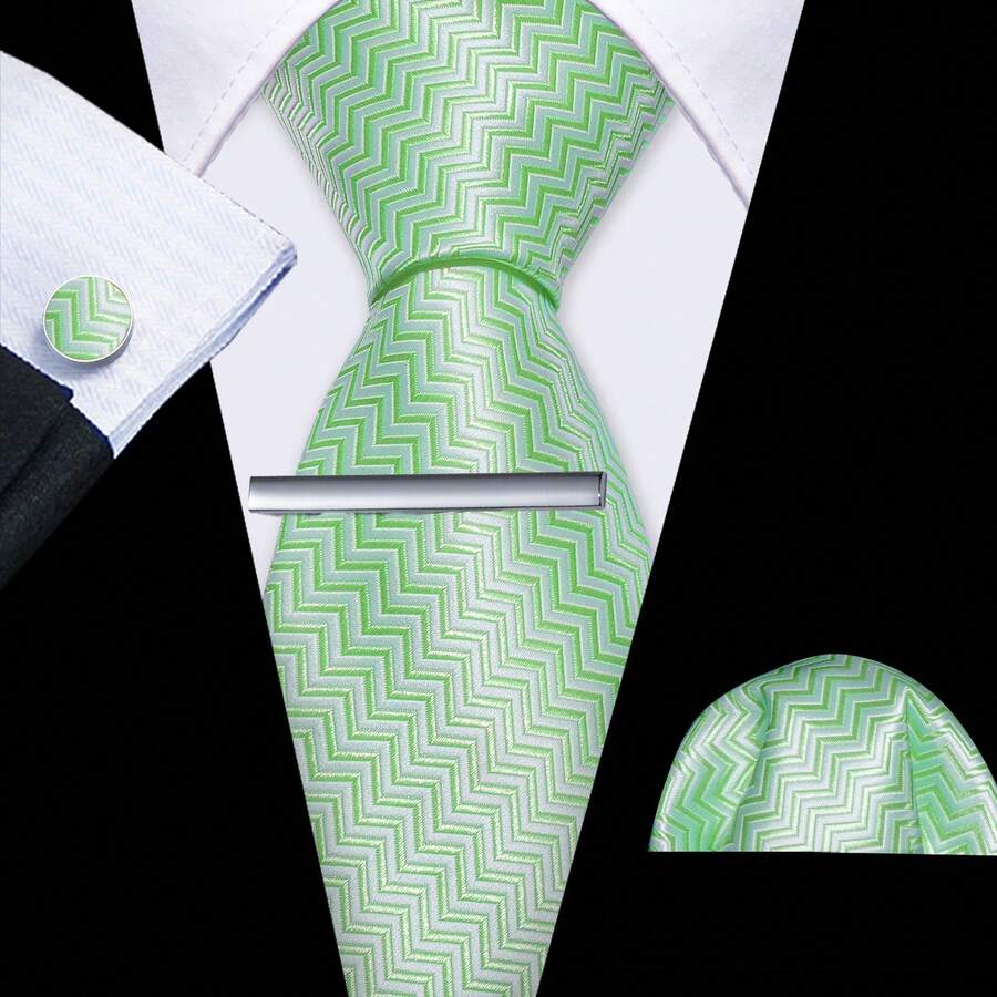 男士蓝橙条纹领带领带套装手帕袖扣圣诞领带 - 薄荷綠 - 查看 1