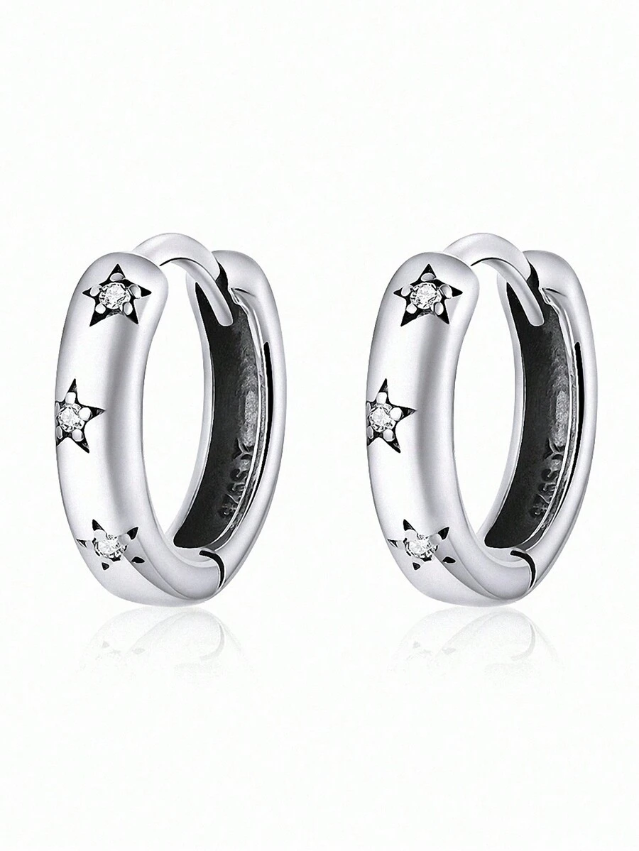 ESBERRY 一对复古星形耳环，女士S925纯银白色优雅首饰，适合日常佩戴，是馈赠佳品。