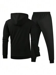 Men's Spring/Autumn Running & Gym Casual Deer Antler Print Drawstring Hoodie & Pants Sports Suit - Black - View 3