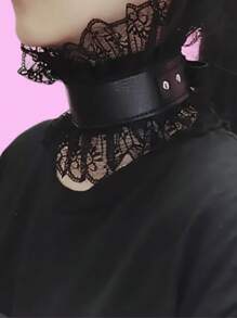 1 件蕾絲邊飾黑色皮領頸鍊道具適用於舞服服裝配件 - 黑色 - 查看 2