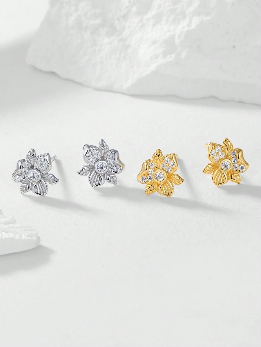 1 đôi Thanh tú & Cao-kết thúc Phong cách ngọt ngào Bạc 925 Hình hoa Hoa tai Với Zirconia Cẩn vào Đối với Quý cô , Thích hợp Đối với Mặc hàng ngày , Kỳ nghỉ , Ngày Và Qủa tặng - Bạc - Xem 1