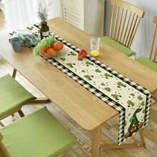 1pc Square Linen Tablecloth With Clover & Gingham Pattern And Leprechaun Print For St. Patrick's Day Decoration - Multicolor - View 1