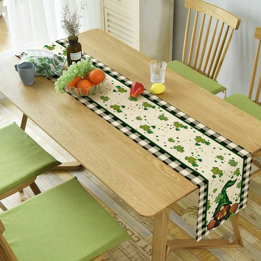 1pc Square Linen Tablecloth With Clover & Gingham Pattern And Leprechaun Print For St. Patrick's Day Decoration - Multicolor - View 1