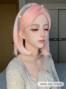 14-Inch Light Golden With Dark Roots And White & Black Colored Middle-Parted Short Straight Wig, Beautiful Daily Wear Synthetic Wig, Special Offer. Colored Synthetic Wig For Cosplay, High-Temperature Fiber, Women's Middle-Parted Straight Wig, Synthetic Wig In Fashionable Style For Holidays And Daily Wear, Braided Wig, Suitable For Halloween And Christmas. - 淺粉色 - 查看 2