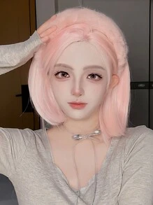 14-Inch Light Golden With Dark Roots And White & Black Colored Middle-Parted Short Straight Wig, Beautiful Daily Wear Synthetic Wig, Special Offer. Colored Synthetic Wig For Cosplay, High-Temperature Fiber, Women's Middle-Parted Straight Wig, Synthetic Wig In Fashionable Style For Holidays And Daily Wear, Braided Wig, Suitable For Halloween And Christmas. - 淺粉色 - 查看 4