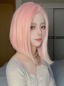 14-Inch Light Golden With Dark Roots And White & Black Colored Middle-Parted Short Straight Wig, Beautiful Daily Wear Synthetic Wig, Special Offer. Colored Synthetic Wig For Cosplay, High-Temperature Fiber, Women's Middle-Parted Straight Wig, Synthetic Wig In Fashionable Style For Holidays And Daily Wear, Braided Wig, Suitable For Halloween And Christmas. - 淺粉色 - 查看 3