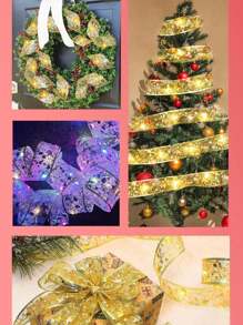 1 Pieza de liston lazo navideño para el arbol de navidad decorativo decoracion con luz led de pilas de 5 metros color luz amarilla y blanca a elegir - Amarillo - Ver 2