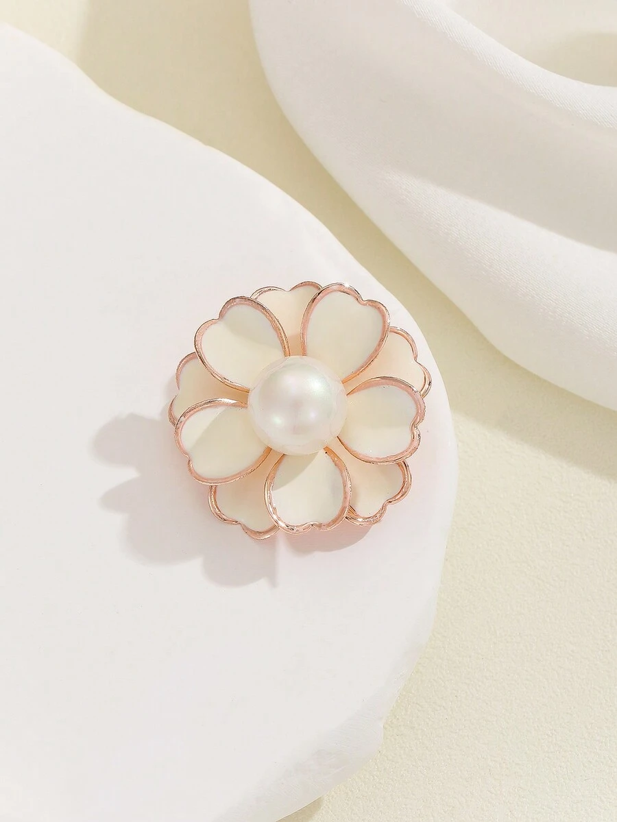 1 件復古白色山茶花和珍珠裝飾服裝配件胸針 - 白色 - 查看 1
