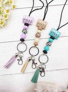 1 件「howdy」英文字母矽膠和牛印花木珠掛繩,適用於身分證/鑰匙,適合護理師和辦公室工作人員 - 綠色 - 查看 1