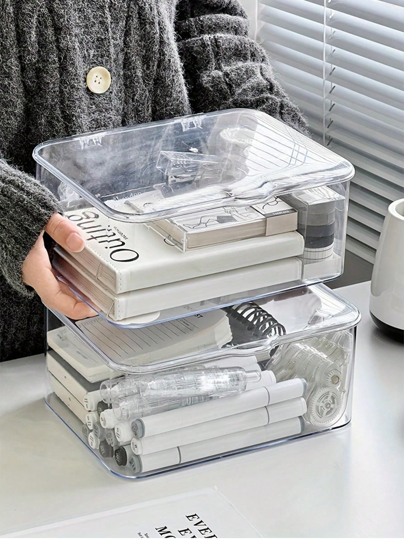 1pc Clear Plastic Storage Bins With Lid, Large Home Office Accessories