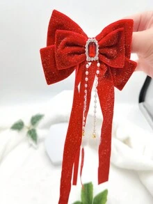 1pc Women'S Hair Clip, Red Bowknot With Rhinestone & Pearl & Pompon Decor - Red - View 2