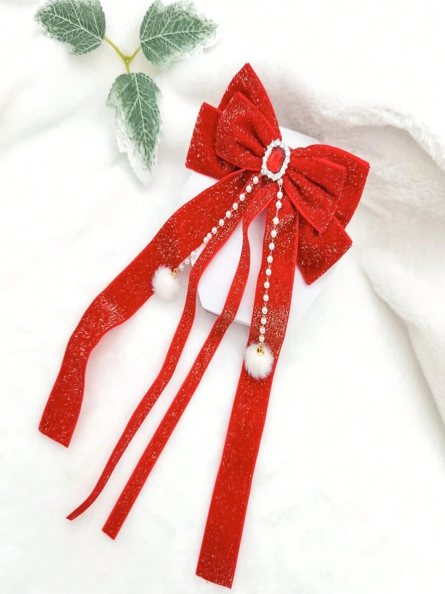 1pc Women'S Hair Clip, Red Bowknot With Rhinestone & Pearl & Pompon Decor - Red - View 1