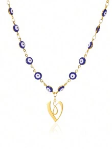 1pc Gold Stainless Steel Blue Evil Eye Initial A-Z Pendant Necklace Suitable For Women, Festival Gift