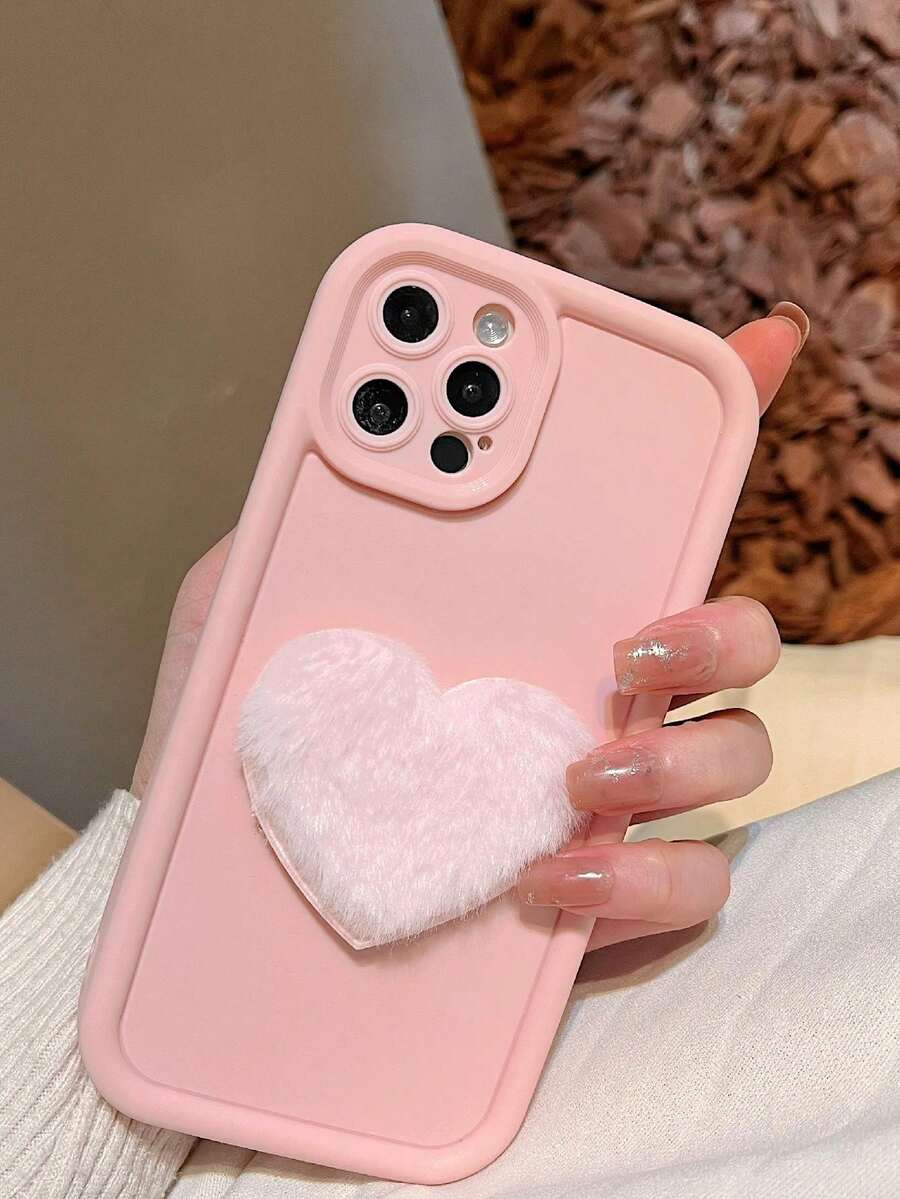 1pc Plush Heart Design Three Colors Phone Case Compatible With IPhone, Shockproof - Pink - View 1