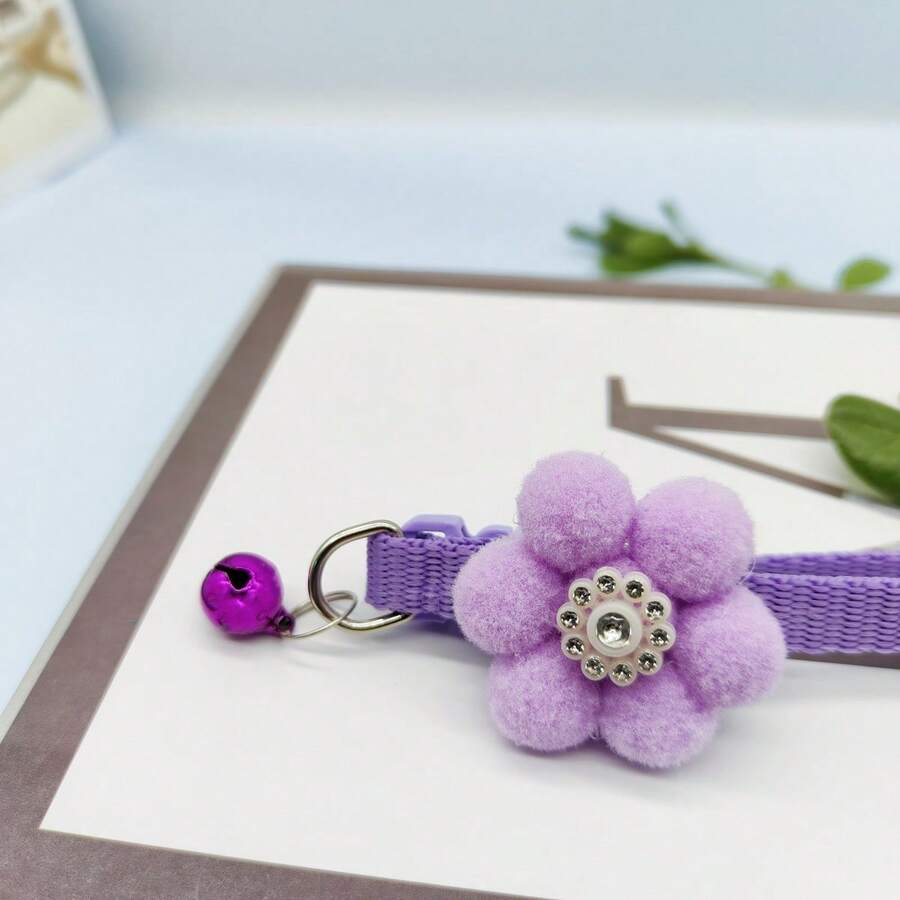1pc Polyester Decorative Fur Ball & Flower Adjustable Bell Pet Collar For Cat And Dog Neck - Purple - View 1