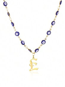 1pc Gold Stainless Steel Blue Evil Eye Initial A-Z Pendant Necklace Suitable For Women, Festival Gift
