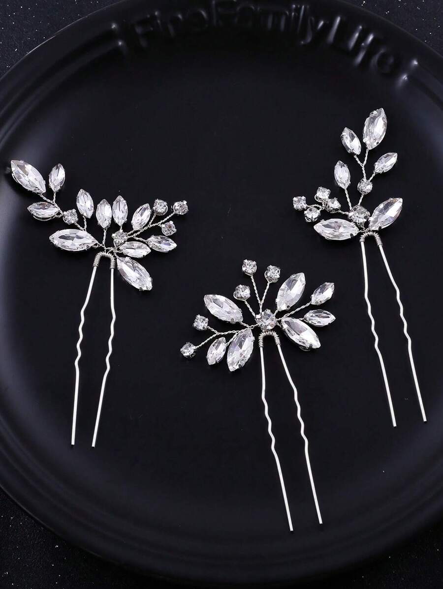 3pcs Rhinestones Hair Pin Set For Bridal Headpiece & Wedding Dress Decoration Elegant Boho Valentine's Day Accessories - Silver - View 1