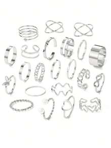 22枚个性化夸张金银色扭波爱心图案戒指女士组合戒指套装派对礼品 - 銀色 - 查看 3