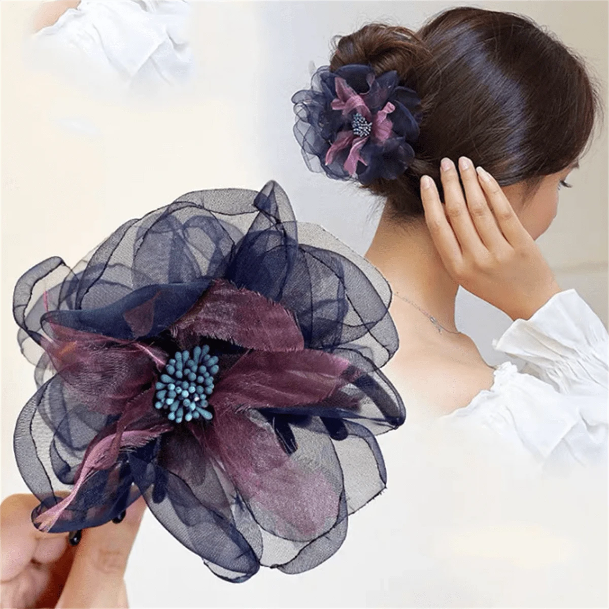 1Pc Tulle Ruffle Flower Plastic Hair Claws Clips Big Silk Fabric Floral Hair Bow Jaw Barrettes Clamps Updo Holders Decorative Fancy Hair Accessories For Women Girls - Teal Blue - View 1