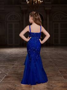 Tween Girls Mesh Contrast Sequin Mermaid Hem Spaghetti Strap Party Dress