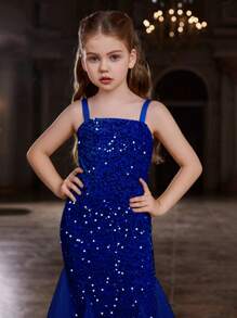 Tween Girls Mesh Contrast Sequin Mermaid Hem Spaghetti Strap Party Dress