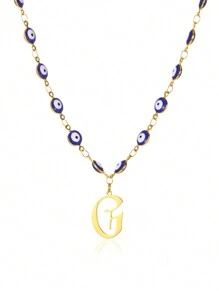 1pc Gold Stainless Steel Blue Evil Eye Initial A-Z Pendant Necklace Suitable For Women, Festival Gift