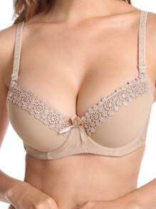 1 件裝女式加厚聚攏胸罩帶刺繡飾邊,米色 - 米色 - 查看 1