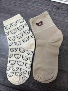 8雙女士熊和花朵圖案休閒中筒襪適用於日常