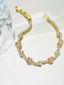 1只豪華款粉色方形立方氧化鋯手鍊,獨特設計和高端感覺,情人節完美禮物 - 粉色 - 查看 7