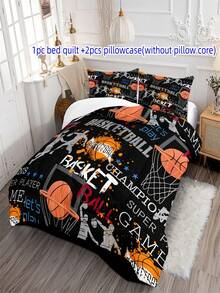時尚籃球和手柄數字印刷床上用品套裝,3件套（被套和枕套） - 黑色 - 查看 3