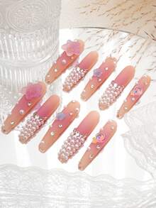 10入組新款手工獨家設計新年情人節額外長的3d美甲,可愛的粉色漸變珍珠壓克力美甲與3d鑽石,易於佩戴,升級你的外觀 - 粉色 - 查看 3
