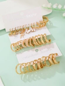 17 對精美小號心形、蝴蝶、幾何和圓形串珠耳環套裝,多用途配件禮物 - 金黃色 - 查看 3