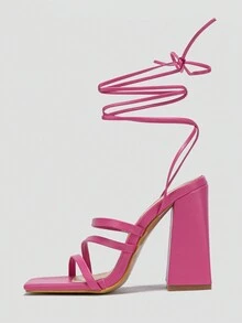 Ladies' Summer Breathable Square Toe Strappy Chunky Heel Hot Pink Sandals - Hot Pink - View 3