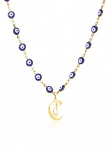 1pc Gold Stainless Steel Blue Evil Eye Initial A-Z Pendant Necklace Suitable For Women, Festival Gift