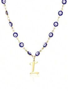 1pc Gold Stainless Steel Blue Evil Eye Initial A-Z Pendant Necklace Suitable For Women, Festival Gift
