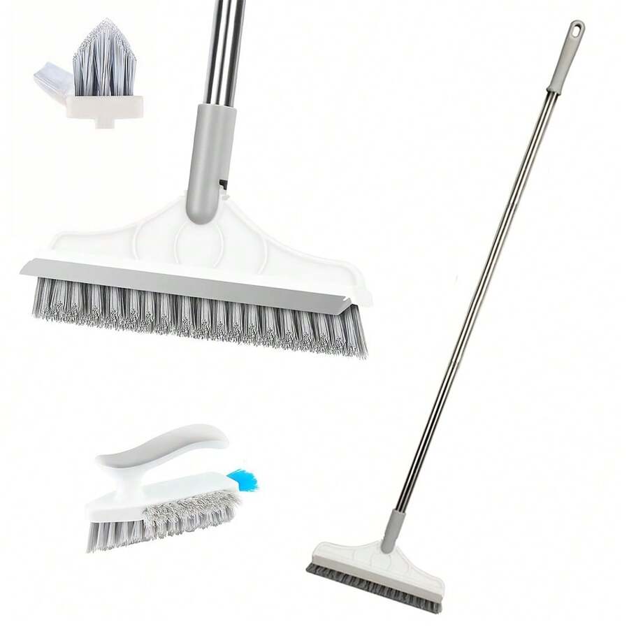 2 In 1 Floor Cleaning Brush: 1 X 47x9 In. Scrubber Brush With Handle And 1 X 5.9 In. Handheld Brush With V-Shaped Hard Bristles And Scraper, 120° Rotating Tile Brush With Scraper; Suitable For Bathroom And Kitchen - White - View 1