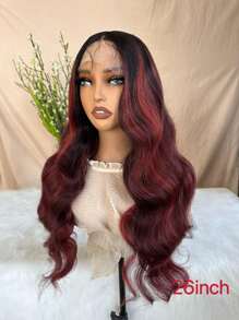 T形鉤花邊前13*4.5*1波浪捲26吋合成纖維女士長中分假髮帽 - 酒紅色 - 查看 5