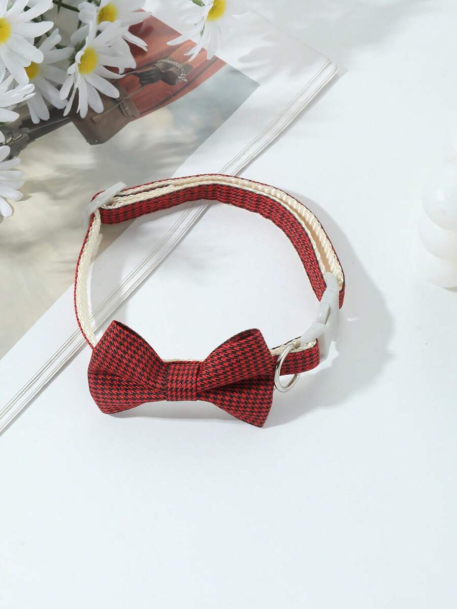 1pc Red Checkered Bow Knot Pet Collar With Buckle For Both Cats And Dogs - Red - View 1