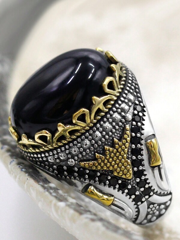 1pc 925 Silver Crown Turkish Natural Black Agate Men's Ring With Zirconia, Novelty & Luxurious Gift For Anniversaries