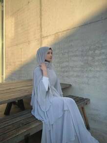 1pc Women Hijab Double-Layer Chiffon Abaya Open Front Caftan For Women, Loose Fit Dress Gown - Grey - View 6