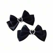 1套/2入組情人節緞面雙層心形蝴蝶結發夾,適用於日常穿著和節慶 - 黑色 - 查看 4