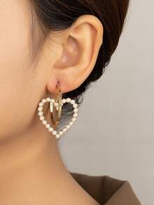 1pair Women'S Alloy C Design Earrings, Inlaid With Multicolor Rhinestone & Pearl Dangle, Suitable For Daily Wearing - Yellow Gold - View 1