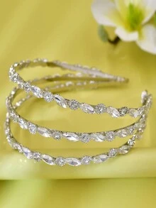 三層水鑽金屬頭帶手工銀色新娘頭飾婚禮髮飾伴娘女孩女士頭帶裝飾 - 銀色 - 查看 5