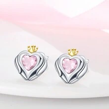 1個925純銀流紋岩&,粉色水晶皇冠心形設計耳環,低過敏性,非常適合在生日和節日等特殊場合悄悄地送給朋友和愛人 - 杏色 - 查看 2